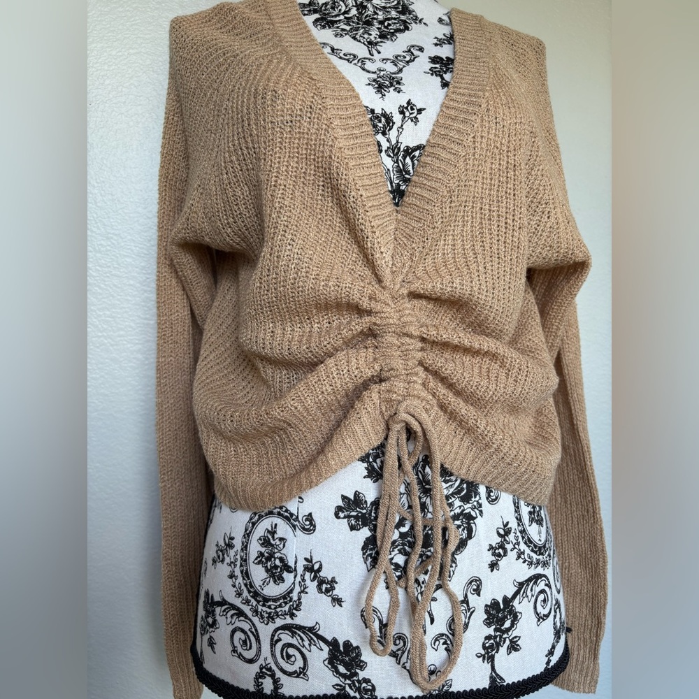 Better Be Tan V-Neck Sweater with Drawstring - Picture 2 of 11